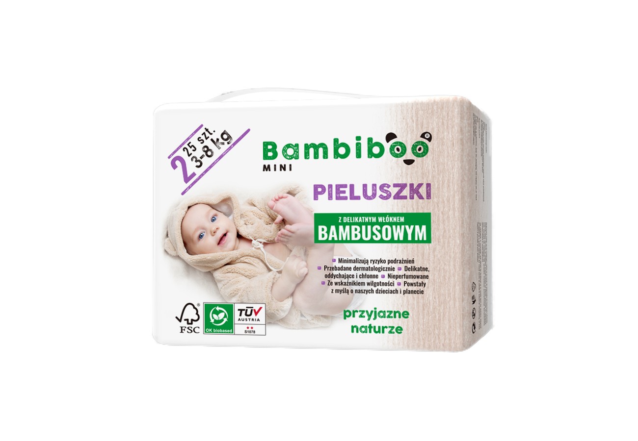 Jednorazowe pieluszki marki Bambiboo z włóknem bambusowym w rozmiarze 2 - Mini  dla niemowląt o wadze od 3 do 8 kilogramów