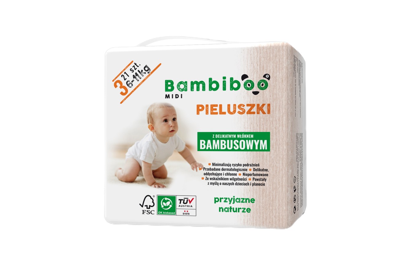 Jednorazowe pieluszki marki Bambiboo z włóknem bambusowym w rozmiarze 3 - Midi dla niemowląt o wadze od 6 do 11 kilogramów