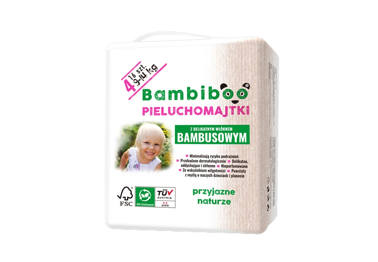 Jednorazowe pieluchomajtki marki Bambiboo z włóknem bambusowym w rozmiarze 4 - dla dzieci o wadze od 9 do 14 kilogramów