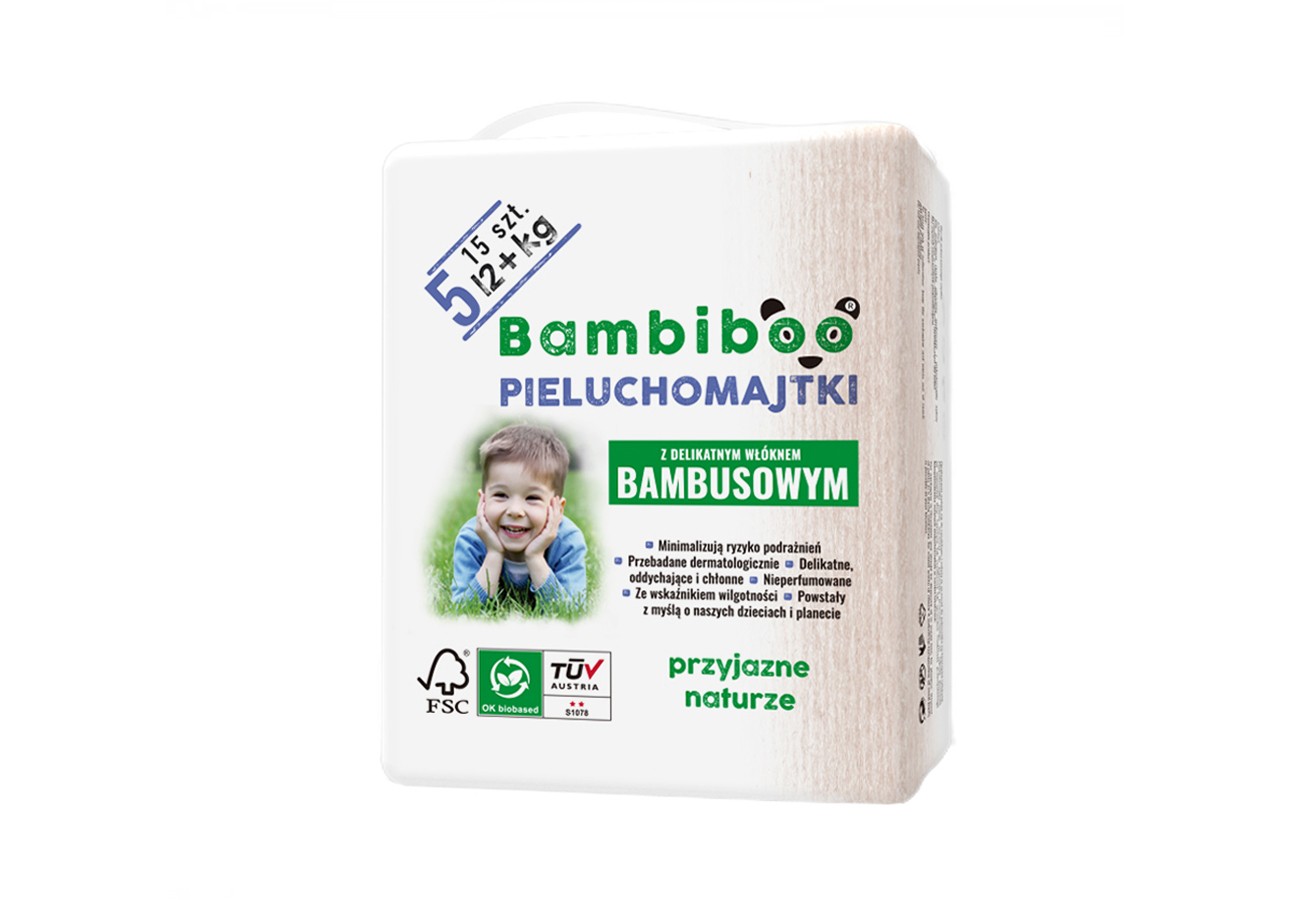 Jednorazowe pieluchomajtki marki Bambiboo z włóknem bambusowym w rozmiarze 5 - dla dzieci o wadze 12 kilogramów i więcej