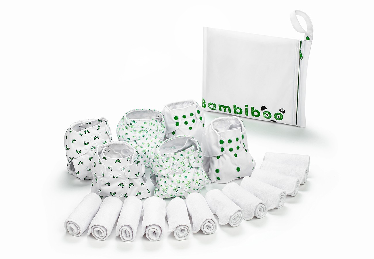 Zestaw 6 pieluszek wielorazowych Bambiboo z 12 wkładami z mikrofibry oraz wet bag
