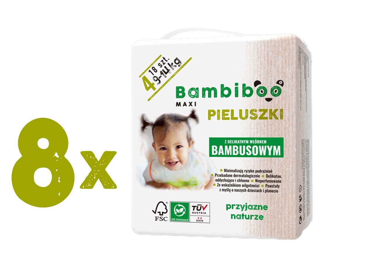 Bambiboo - jednorazowe  pieluszki z włóknem bambusowym dla dzieci, rozmiar 4 Maxi (9-14kg) 8 x 18 szt.