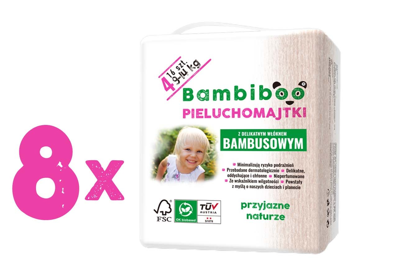 Zestaw 8 x 16 szt. - jednorazowe pieluchomajtki  Bambiboo z włóknem bambusowym dla dzieci, rozmiar 4 (9-14kg)