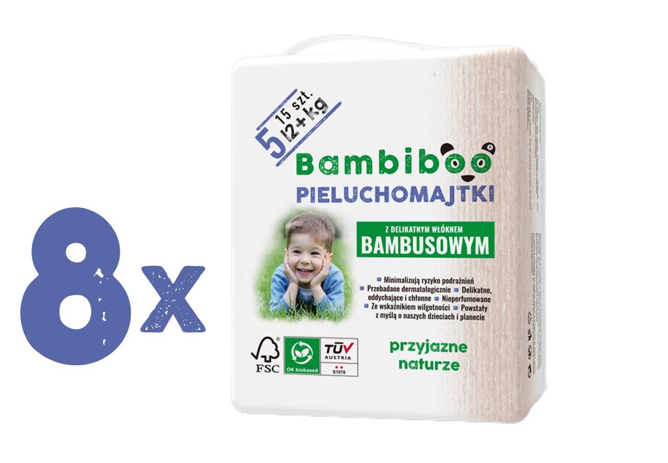 Zestaw 8 x 15 szt. - jednorazowe pieluchomajtki  Bambiboo z włóknem bambusowym dla dzieci, rozmiar 5 (12+ kg)