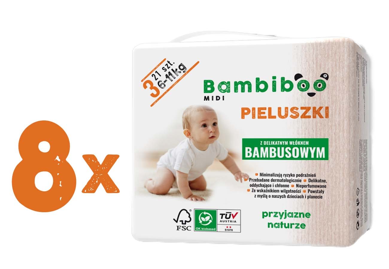 Bambiboo - jednorazowe  pieluszki z włóknem bambusowym dla niemowląt, rozmiar 3 Midi (6-11kg) 8 x 21 szt.