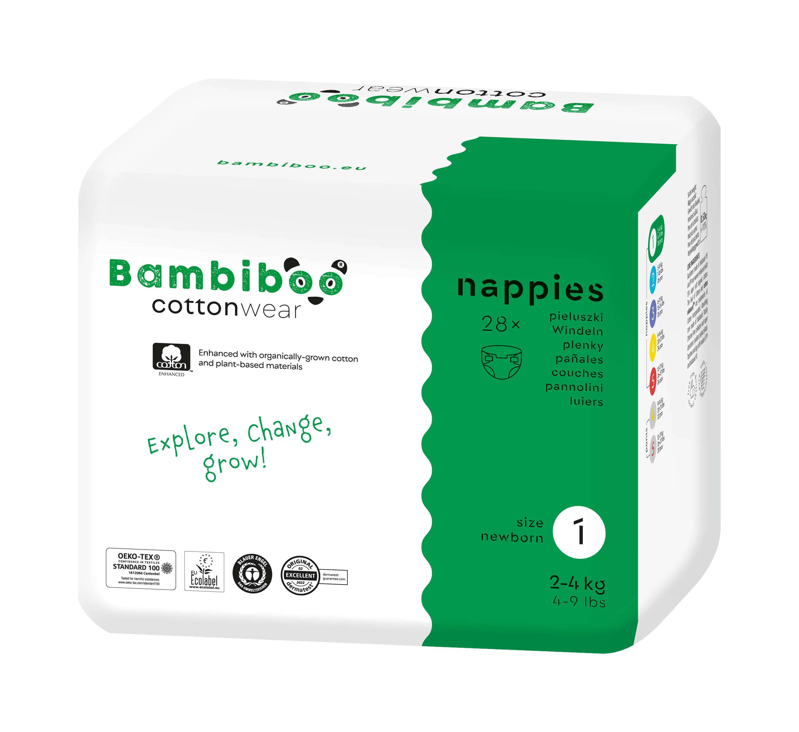 Bambiboo COTTONWEAR Wegwerfwindeln mit Bio-Baumwolle und Bauchnabelöffnung für Neugeborene, Größe 1 Newborn (2-4kg) 28 Stk.
