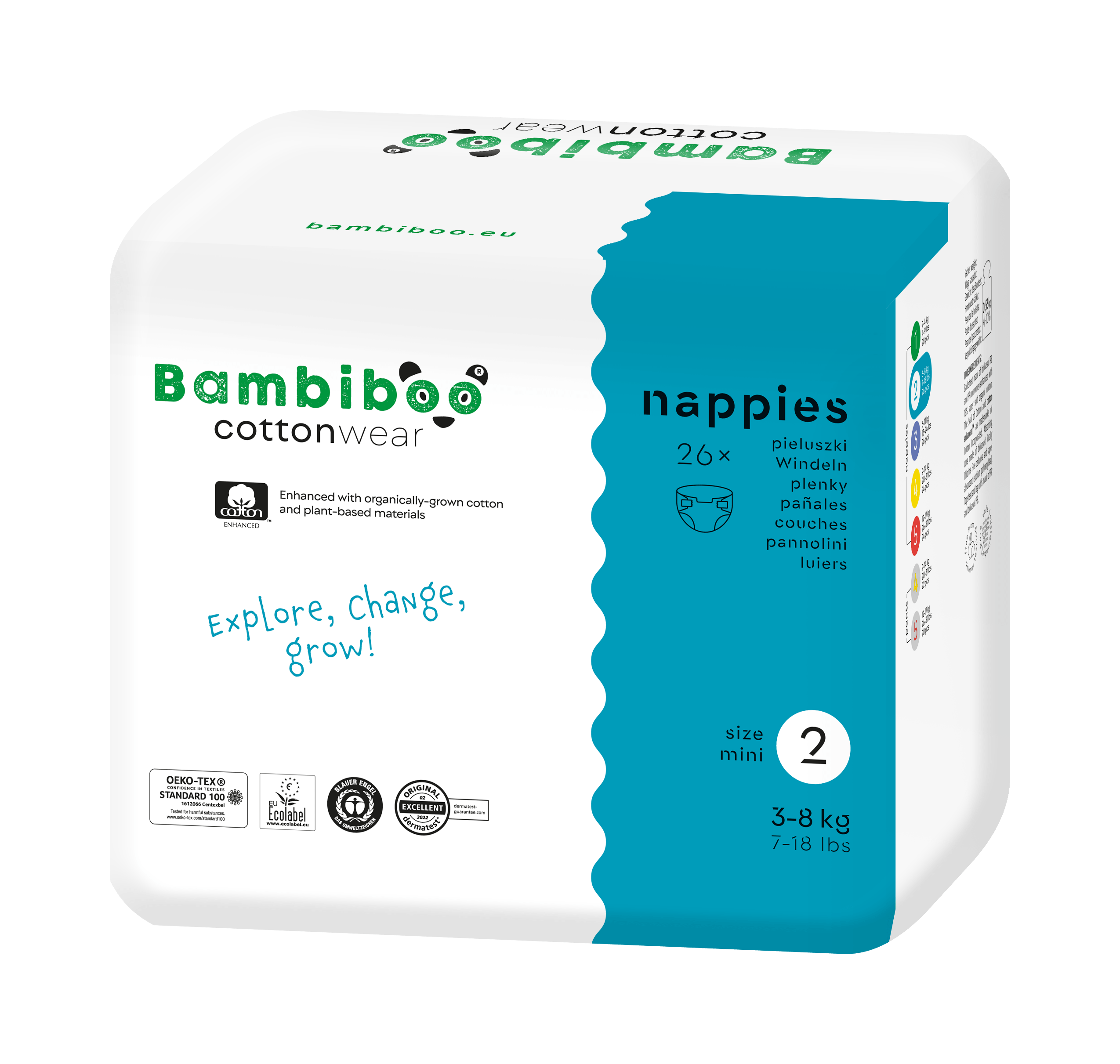 Bambiboo COTTONWEAR Wegwerfwindeln mit Bio-Baumwolle und Bauchnabelöffnung für Babys, Größe 2 Mini (3-8kg) 26 Stk.