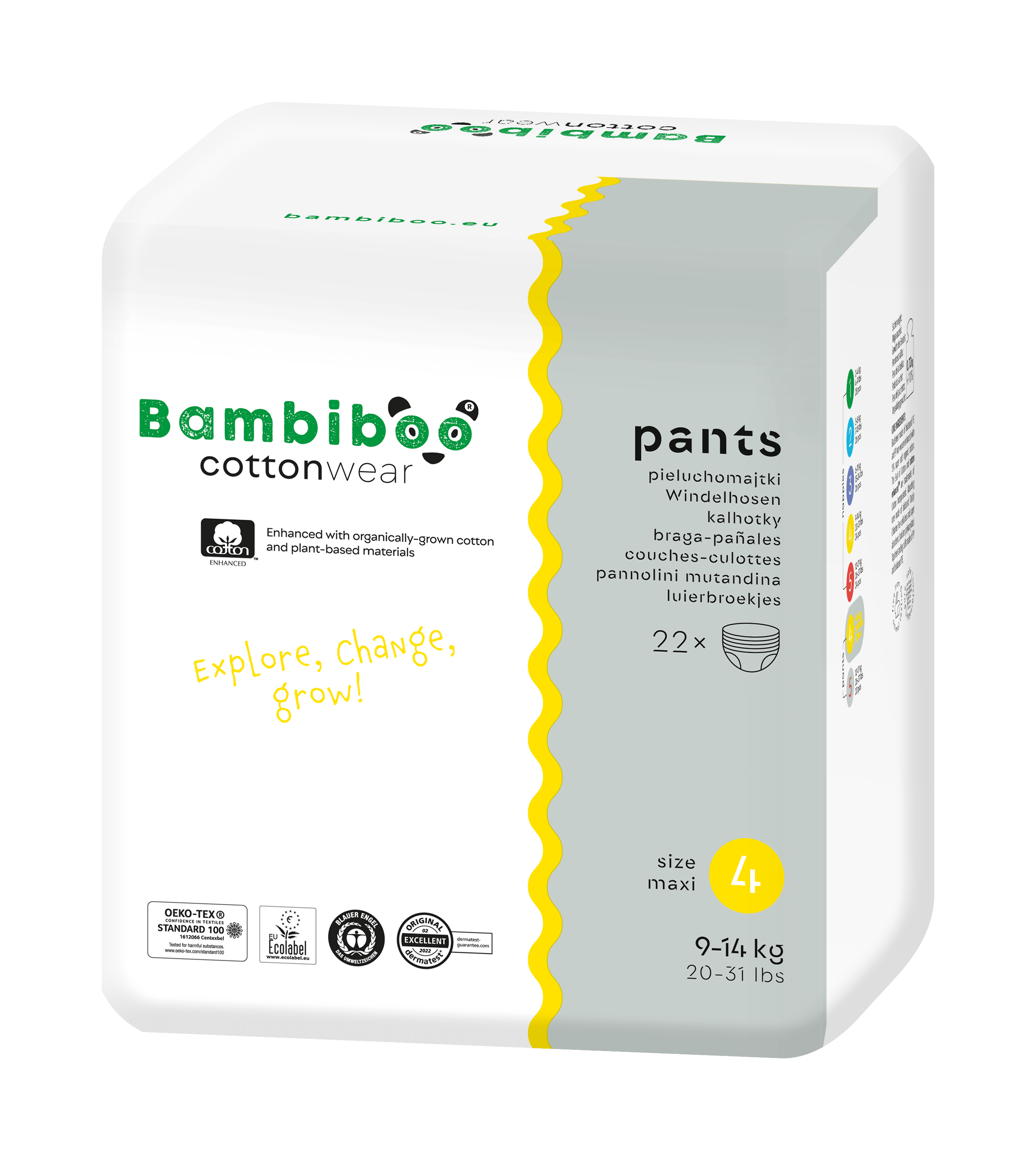 Jednorazowe pieluchomajtki Bambiboo COTTONWEAR z bawełną organiczną dla dzieci, rozmiar 4 Maxi (9-14kg) 22 Stück