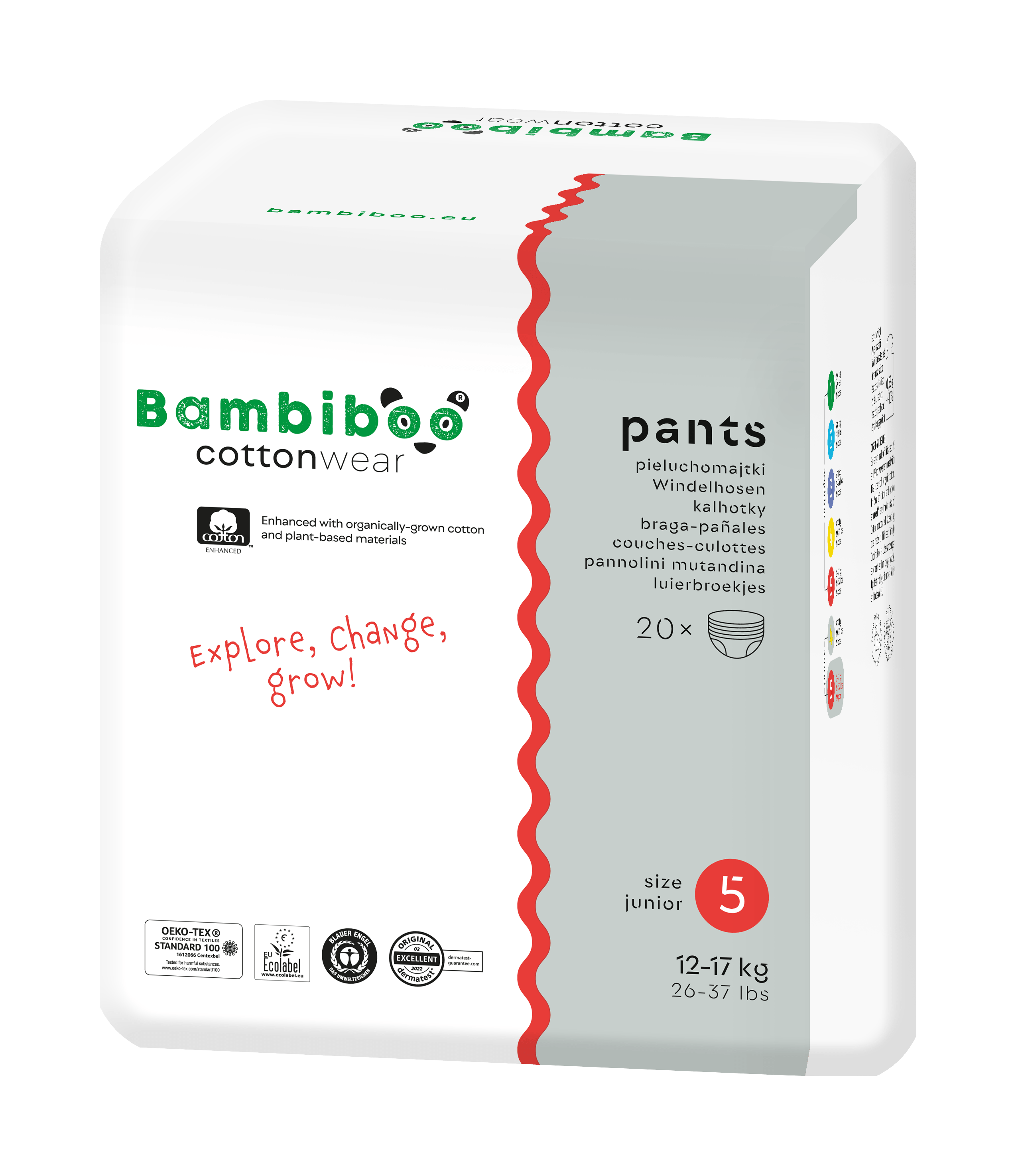 Jednorazowe pieluchomajtki Bambiboo COTTONWEAR z bawełną organiczną dla dzieci, rozmiar 5 Junior (12-17kg) 20 Stück