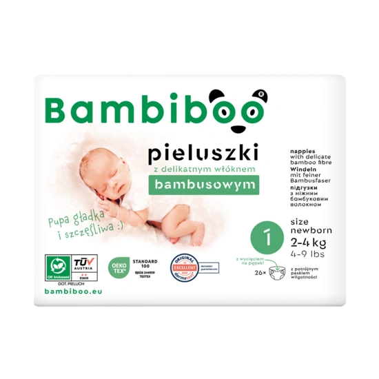 Jednorazowe pieluszki z włóknem bambusowym z wycięciem na pępek, rozmiar 1 (2-4kg) 26 szt.