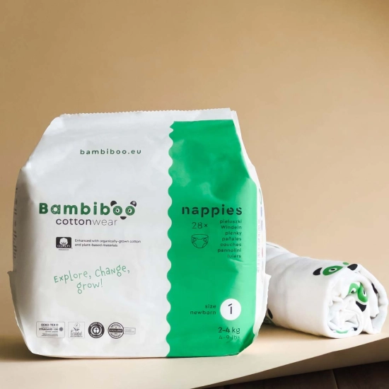 Zestaw 3x28szt.-jednorazowe pieluszki Bambiboo COTTONWEAR z bawełną organiczną i wycięciem na pępek, rozmiar 1 (2-4kg)