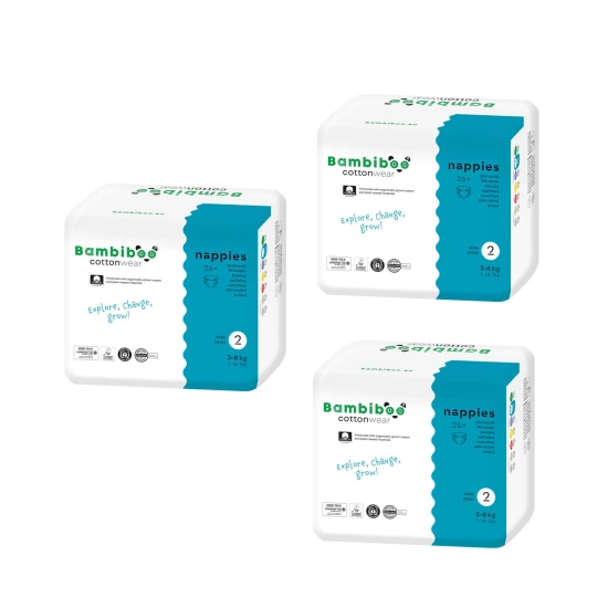 Set 3 x 26 Stk - Bambiboo COTTONWEAR Einwegwindeln mit Bio-Baumwolle für Babys, Größe 2 Mini (3-8kg)