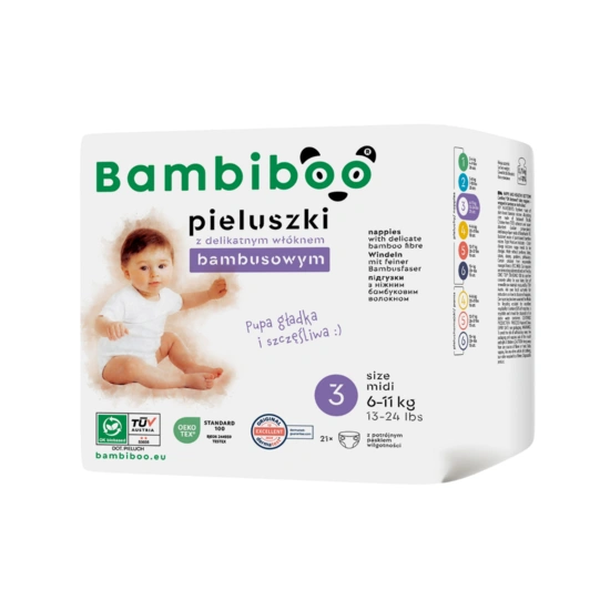 Zestaw 8 x 21 szt. - jednorazowe pieluszki Bambiboo z włóknem bambusowym dla niemowląt, rozmiar 3 Midi (6-11kg)