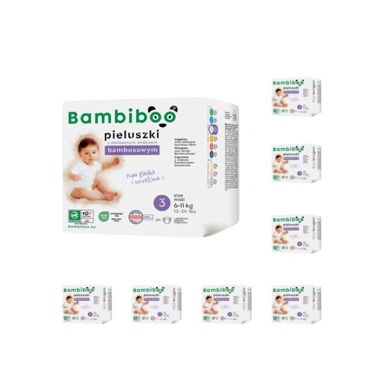 Zestaw 8 x 21 szt. - jednorazowe pieluszki Bambiboo z włóknem bambusowym dla niemowląt, rozmiar 3 Midi (6-11kg)