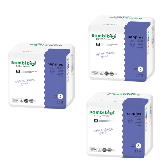 Set 3 x 26 Stk - Bambiboo  Einwegwindeln COTTONWEAR aus Bio-Baumwollemit Bio-Baumwolle für Babys, Größe 3 Midi (6-11 kg)