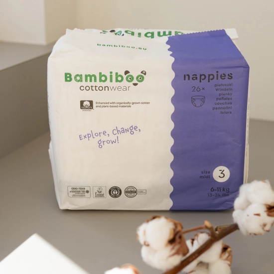 Set 3 x 26 Stk - Bambiboo  Einwegwindeln COTTONWEAR aus Bio-Baumwollemit Bio-Baumwolle für Babys, Größe 3 Midi (6-11 kg)