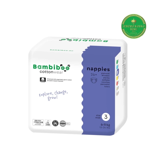 Set 3 x 26 Stk - Bambiboo  Einwegwindeln COTTONWEAR aus Bio-Baumwollemit Bio-Baumwolle für Babys, Größe 3 Midi (6-11 kg)