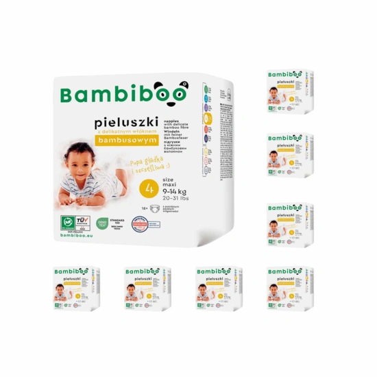Zestaw 8 x 18 szt. - jednorazowe pieluszki Bambiboo z włóknem bambusowym dla dzieci, rozmiar 4 Maxi (9-14kg)