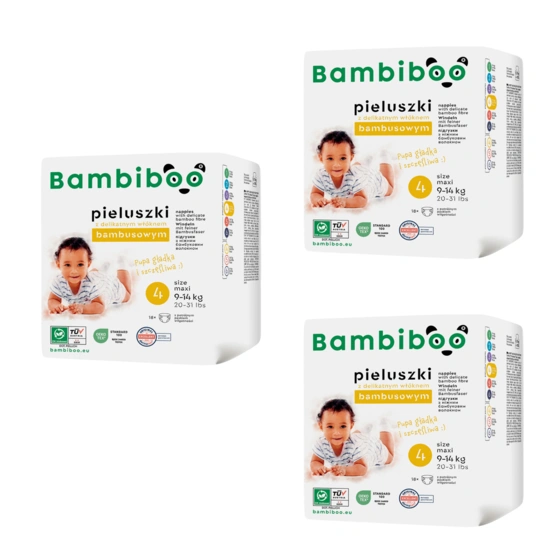Zestaw 3 x 18 szt. - jednorazowe pieluszki Bambiboo z włóknem bambusowym dla dzieci, rozmiar 4 Maxi (9-14kg)