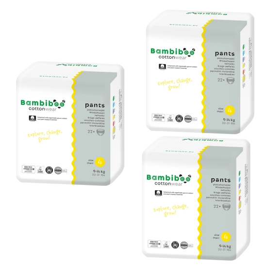 Zestaw 3 x 22 szt. - jednorazowe pieluchomajtki Bambiboo COTTONWEAR z bawełną organiczną dla dzieci, rozmiar 4 Maxi (9-14kg)