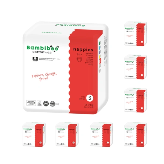 Zestaw 8 x 24 szt. - jednorazowe pieluszki Bambiboo COTTONWEAR z bawełną organiczną dla dzieci, rozmiar 5 Junior (12-17kg)