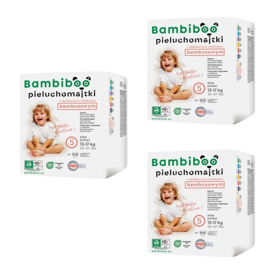 Zestaw 3 x 15 szt. - jednorazowe pieluchomajtki Bambiboo z włóknem bambusowym dla dzieci, rozmiar 5 (12+ kg)
