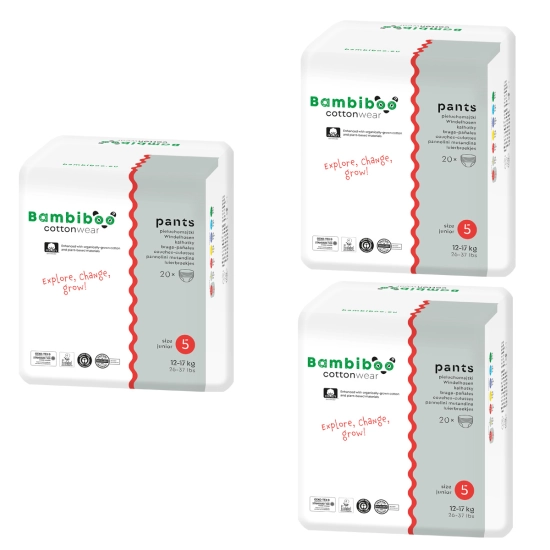 Zestaw 3 x 20 szt. - jednorazowe pieluchomajtki Bambiboo COTTONWEAR z bawełną organiczną dla dzieci, rozmiar 5 Junior (12-17kg)