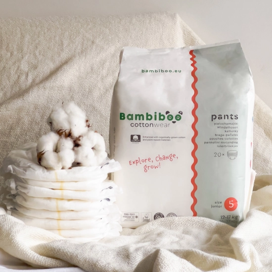 Zestaw 3 x 20 szt. - jednorazowe pieluchomajtki Bambiboo COTTONWEAR z bawełną organiczną dla dzieci, rozmiar 5 Junior (12-17kg)