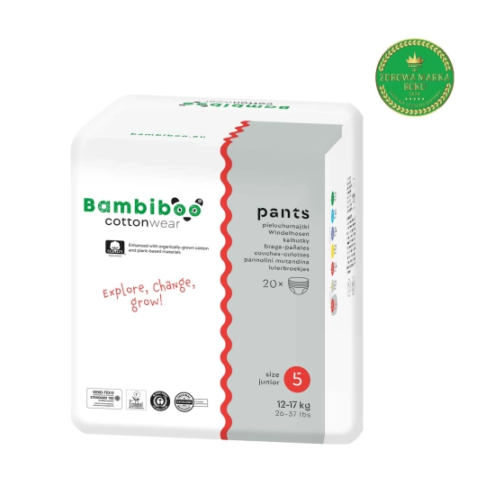 Zestaw 3 x 20 szt. - jednorazowe pieluchomajtki Bambiboo COTTONWEAR z bawełną organiczną dla dzieci, rozmiar 5 Junior (12-17kg)