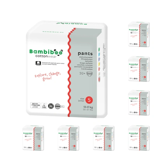 Zestaw 8 x 20 szt. - jednorazowe pieluchomajtki Bambiboo COTTONWEAR z bawełną organiczną dla dzieci, rozmiar 5 Junior (12-17kg)