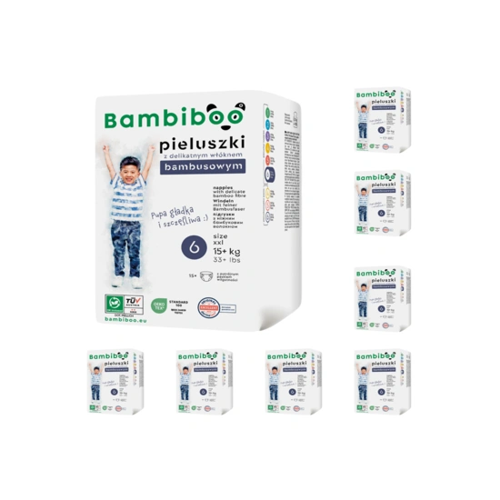 Zestaw 8 x 15 szt. - jednorazowe pieluszki Bambiboo z włóknem bambusowym dla dzieci, rozmiar 6 XXL (15+ kg)