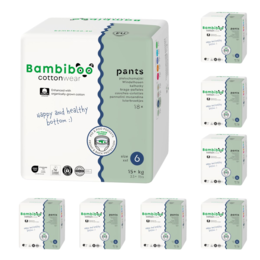 Zestaw 8*18 szt.-jednorazowe pieluchomajtki Bambiboo COTTONWEAR z bawełną organiczną dla dzieci, rozmiar 6 (15+kg) 18 szt.