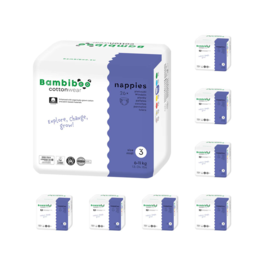 Zestaw 8 x 26 szt. - jednorazowe pieluszki Bambiboo COTTONWEAR z bawełną organiczną dla niemowląt, rozmiar 3 Midi (6-11kg)