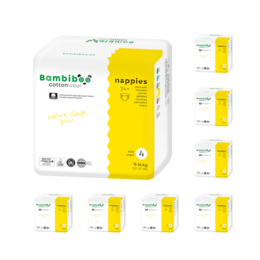 Zestaw 8 x 24 szt. - jednorazowe pieluszki Bambiboo COTTONWEAR z bawełną organiczną dla dzieci, rozmiar 4 Maxi (9-14kg)