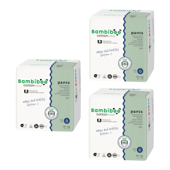 Zestaw 3*18 szt.-jednorazowe pieluchomajtki Bambiboo COTTONWEAR z bawełną organiczną dla dzieci, rozmiar 6 (15+kg) 18 szt.