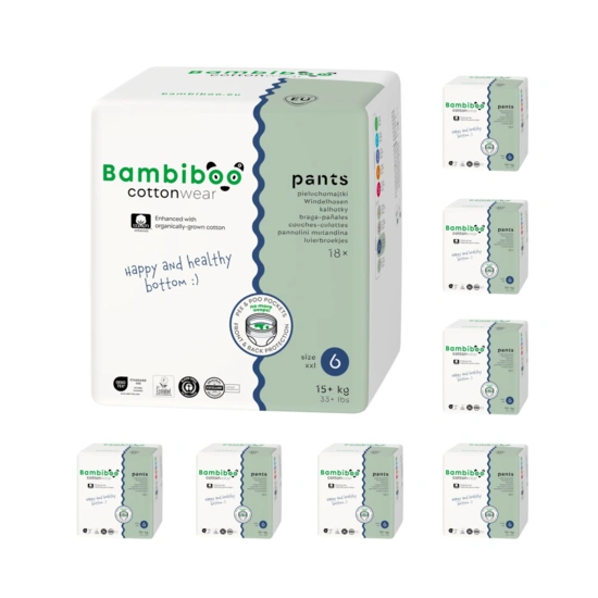 8 x 18 pcs pack – Bambiboo COTTONWEAR disposable pants with organic cotton, size 6 (15kg+)