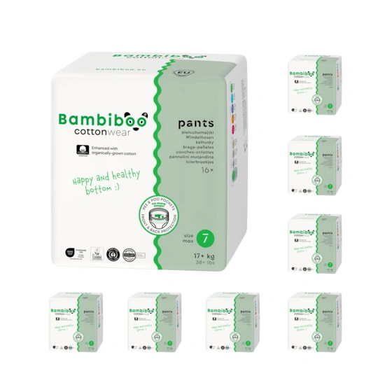 Zestaw 8*16szt.-jednorazowe pieluchomajtki Bambiboo COTTONWEAR z bawełną organiczną dla dzieci, rozmiar 7 (17+kg) 16 szt.