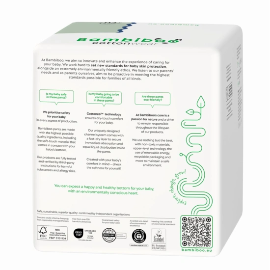 Jednorazowe pieluchomajtki Bambiboo COTTONWEAR z bawełną organiczną dla dzieci, rozmiar 6 (15+kg) 18 szt.