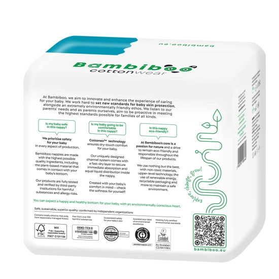 Zestaw 3 x 26 szt.- jednorazowe pieluszki Bambiboo COTTONWEAR z bawełną organiczną i wycięciem na pępek,rozmiar 2 Mini (3-8kg)