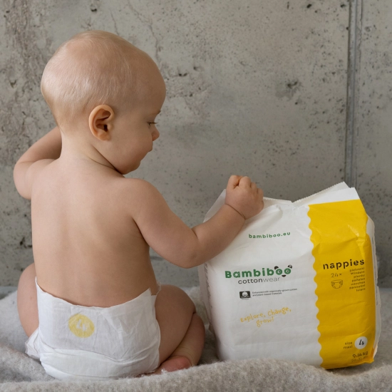 Zestaw 3 x 24 szt. - jednorazowe pieluszki Bambiboo COTTONWEAR z bawełną organiczną dla dzieci, rozmiar 4 Maxi (9-14kg)