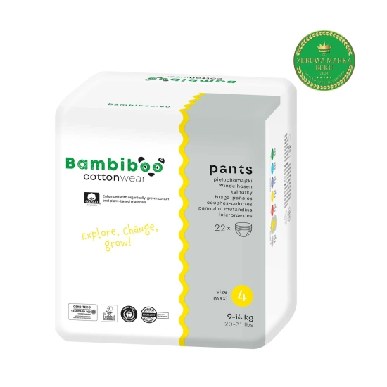 Zestaw 3 x 22 szt. - jednorazowe pieluchomajtki Bambiboo COTTONWEAR z bawełną organiczną dla dzieci, rozmiar 4 Maxi (9-14kg)