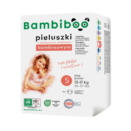Zestaw 8 x 16 szt. - jednorazowe pieluszki Bambiboo z włóknem bambusowym dla dzieci, rozmiar 5 Junior (12-17kg)