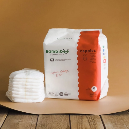Jednorazowe pieluszki Bambiboo COTTONWEAR z bawełną organiczną dla dzieci, rozmiar 5 Junior (12-17kg) 24 szt.