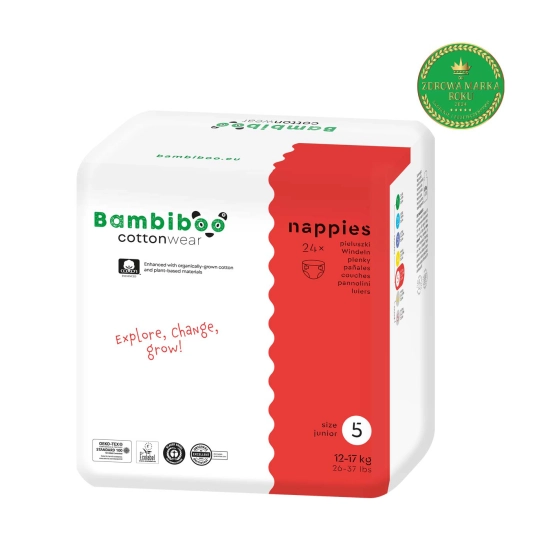 Jednorazowe pieluszki Bambiboo COTTONWEAR z bawełną organiczną dla dzieci, rozmiar 5 Junior (12-17kg) 24 szt.