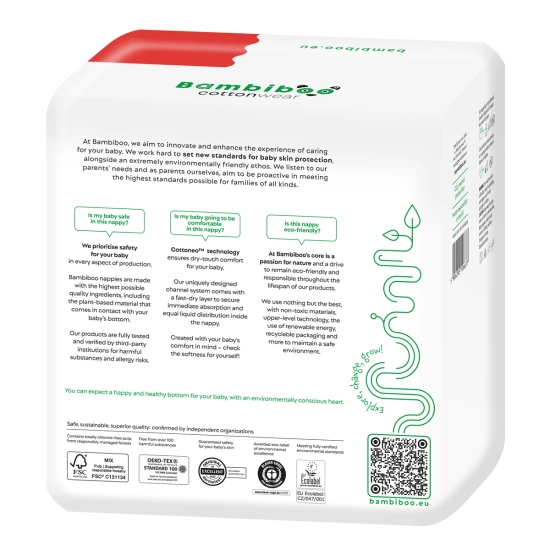 Jednorazowe pieluszki Bambiboo COTTONWEAR z bawełną organiczną dla dzieci, rozmiar 5 Junior (12-17kg) 24 szt.