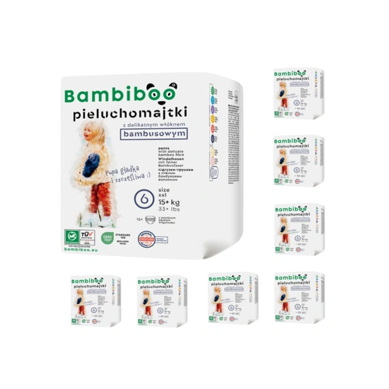 Zestaw 8 x 15 szt. - jednorazowe pieluchomajtki  Bambiboo z włóknem bambusowym dla dzieci, rozmiar 6 (15+ kg)