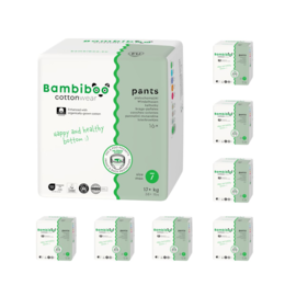 Zestaw 8*16szt.-jednorazowe pieluchomajtki Bambiboo COTTONWEAR z bawełną organiczną dla dzieci, rozmiar 7 (17+kg) 16 szt.
