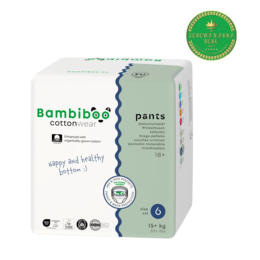 Jednorazowe pieluchomajtki Bambiboo COTTONWEAR z bawełną organiczną dla dzieci, rozmiar 6 (15+kg) 18 szt.