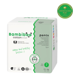 Jednorazowe pieluchomajtki Bambiboo COTTONWEAR z bawełną organiczną dla dzieci, rozmiar 7 (17+kg) 16 szt.