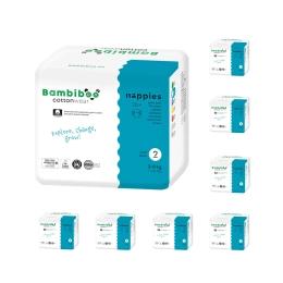 Zestaw 8 x 26 szt.- jednorazowe pieluszki Bambiboo COTTONWEAR z bawełną organiczną i wycięciem na pępek,rozmiar 2 Mini (3-8kg)